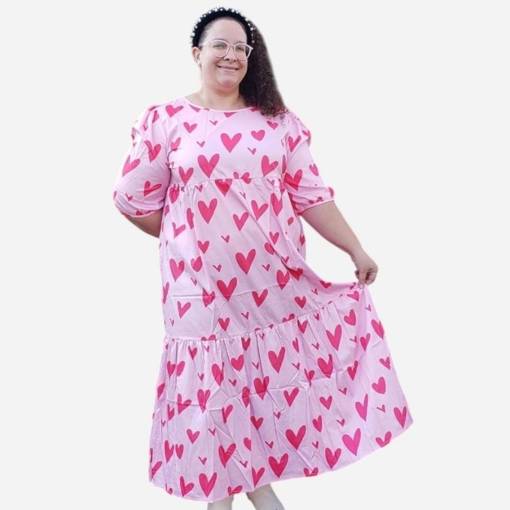 Pink Dress with Red Heart Pattern